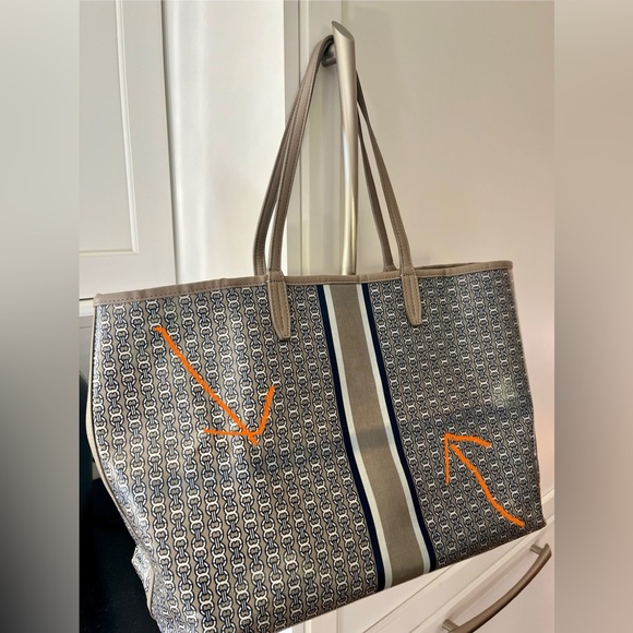 Tory Burch Gray Geometric Tote Bag Grey Leather Trim Purse Print Handles Pocket - Picture 5 of 13